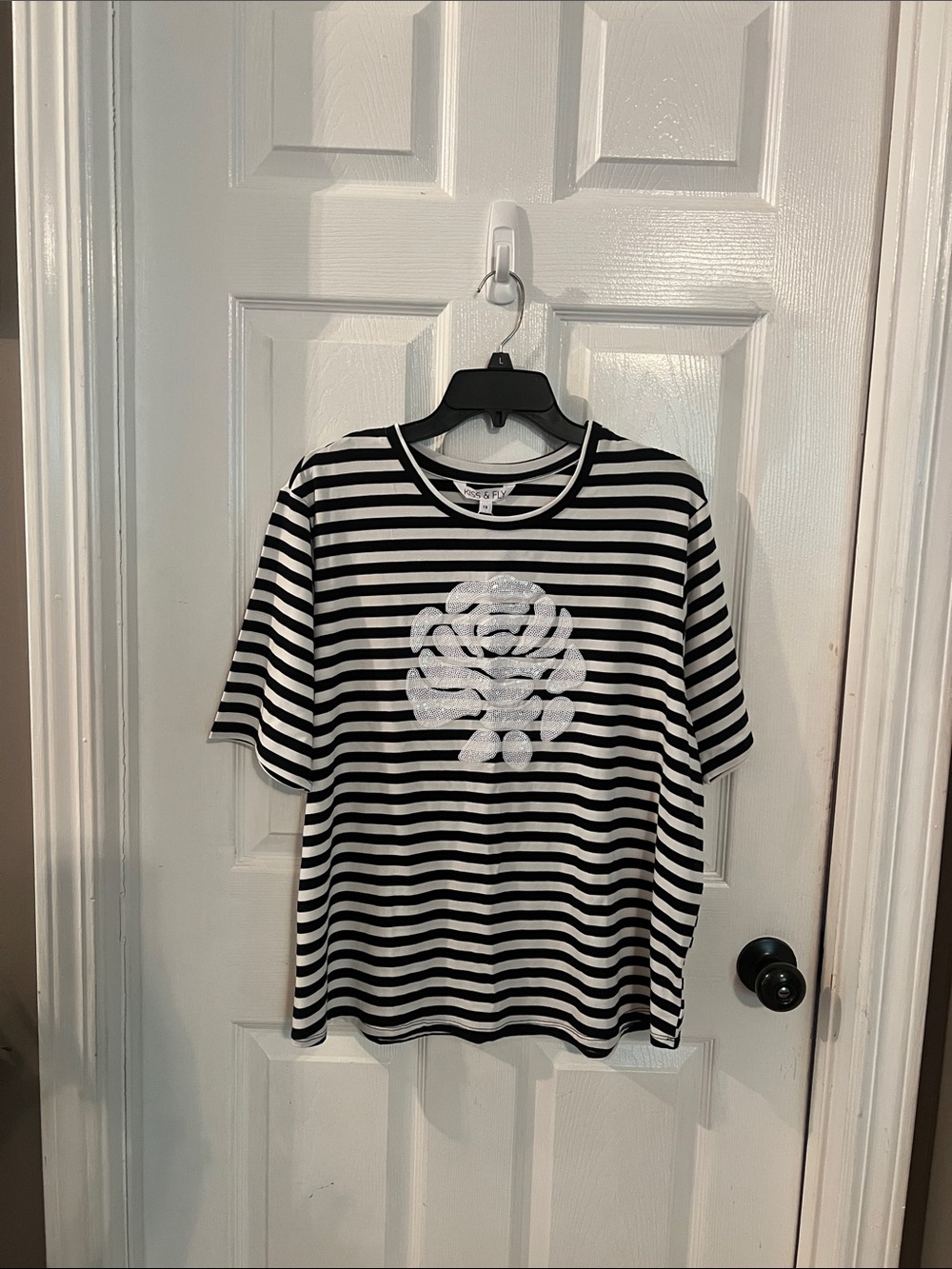 Kiss & Fly Black and White Striped Shirt with Rose Design